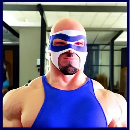 Prompt: muscular wrestler, bald, eyepatch, blue mask covering mouth, realistic,