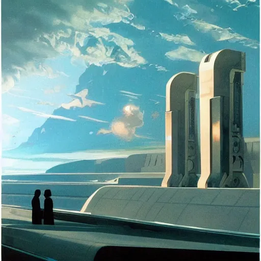 Image similar to dreamy landscape. science fiction. cinematic sci - fi scene. symmetry. accurate anatomy. science fiction theme. brutalism. intricate detail. epic. intimidating. retrofuturism. winter light. lurking reptilian. art by john singer sargent - akira toriyama - joaquin sorolla - ralph mcquarrie - kev walker