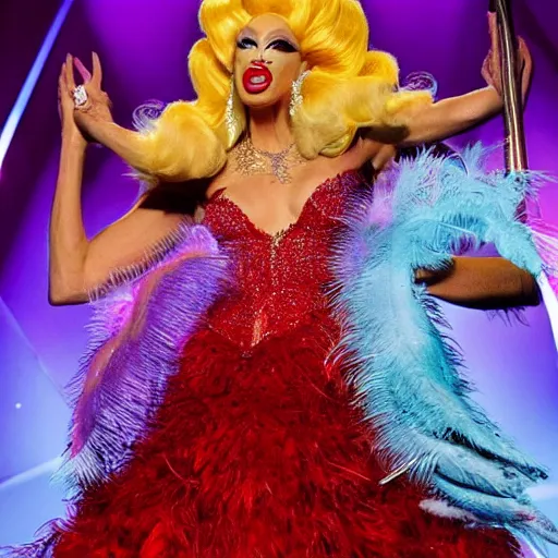 Prompt: steve buscemi as a contestant on RuPaul’s Drag Race, in an elaborate ballroom gown, the gown has a spray of feathers coming out of the shoulders, portrait, stage lighting