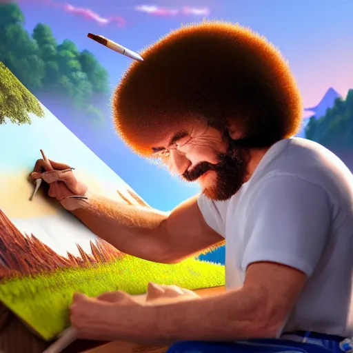 Image similar to a closeup photorealistic photograph of bob ross working on a canvas painting sonic the hedgehog. film still. brightly lit scene. mountain scape. this 4 k hd image is trending on artstation, featured on behance, well - rendered, extra crisp, features intricate detail, epic composition and the style of unreal engine.