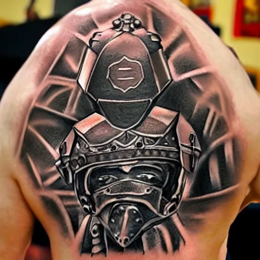 Image similar to an up close gladiator with shield and sword, tattoo, tattoo art, Black and grey tattoo style,