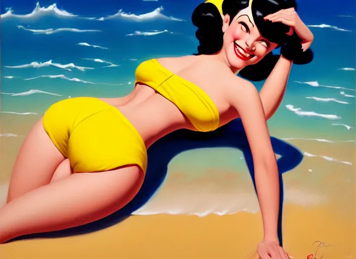 Image similar to the style of the artist gil elvgren, a girl with black hair, overwatch tracer, with a very beautiful symmetrical face, a smile on her face, tanned skin, in a yellow bikini, against the background of a sea beach, in art style, high detail, digital painting, hyperrealism