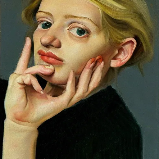 Image similar to high quality high detail painting by lucian freud, hd, pale blonde girl portrait, photorealistic lighting