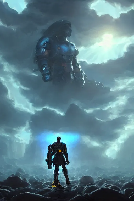 Image similar to a distant shot of a single super soldier with blue and yellow flag and standing alone on a huge pile of human skulls as a winner, masculine figure, D&D, fantasy, bright hopeful atmosphere, volumetric lights, beam of bright light through the clouds, intricate, elegant, highly detailed, extremely detailed, digital painting, artstation, concept art, matte, smooth, sharp focus, hyper realistic, illustration, art by Artgerm and Greg Rutkowski and Alphonse Mucha