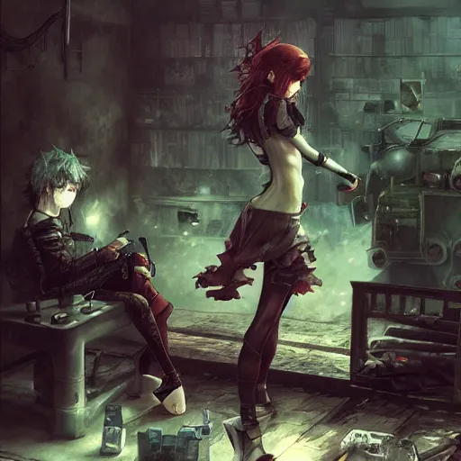 Image similar to goth woman playing videogames, tankoban, 4 k, tone mapping, akihiko yoshida, james jean andrei riabovitchev marc simonetti, yoshitaka amano, long hair, curly, h. hydrochaeri