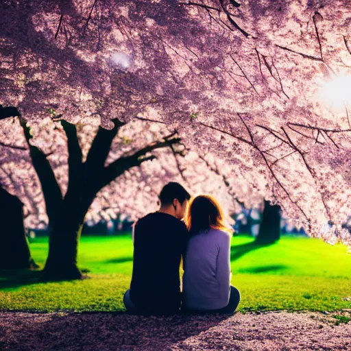 Prompt: 2 friends under the cherry blossom tree during dawn. photography, canon, 8 k, octane