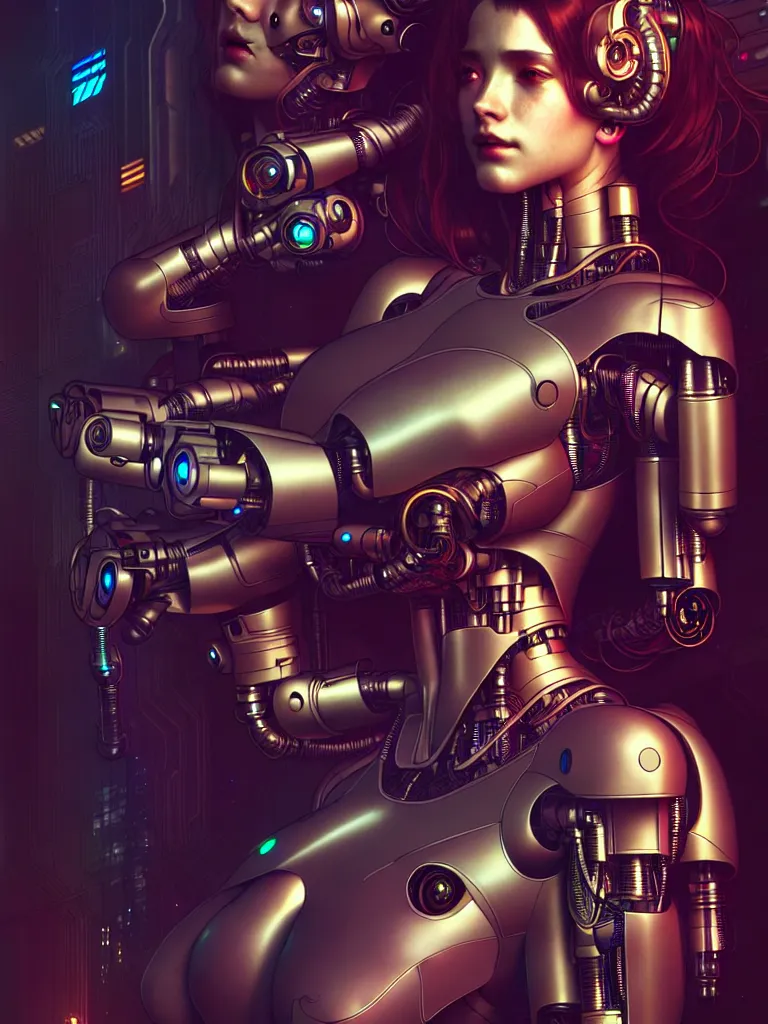 Image similar to ultra realistic, beautiful female cyborg, in a crowded smoky cyberpunk club, in space metropolis, portrait, sci-fi, intricate details, eerie, highly detailed, octane render, 8k, art by artgerm and alphonse mucha and moebius