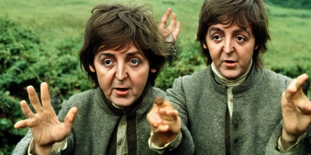 Prompt: A full color still of Paul McCartney dressed as a hobbit, holding his palm up, directed by Stanley Kubrick, 35mm, 1970