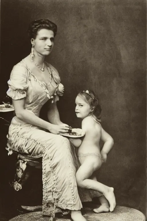 Image similar to historical photo of queen margherita ( savoy ) sharing a pizza! margherita with her slave girl, full body, portrait photo, diffuse light, acclaimed masterpiece