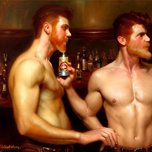 Image similar to handsome mike, wearing pants, with ginger hair with handsome tyler with black hair, drinking their hearts out, in a pub, no shirt. very defined and highly detailed painting by gaston bussiere, j. c. leyendecker, craig mullins 8 k