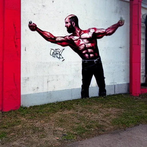 Prompt: Gigachad Muscular Red Forman Flexing, Urban Graffiti Banksy, Bordalo, trending on artstation