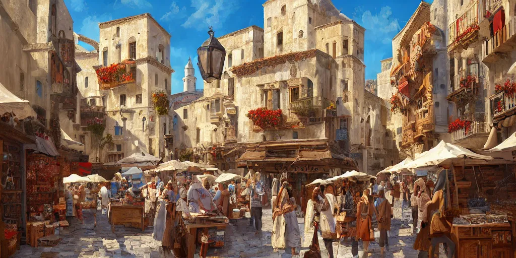 Prompt: a busy medieval Mediterranean street market in the style of Sylvain Sarrailh, Greek islands, narrow streets, whitewashed buildings, old port, hanging fabric, bartering merchants, beautiful digital art, cinematic composition, detailed, concept art, Matt painting, oil painting, high res