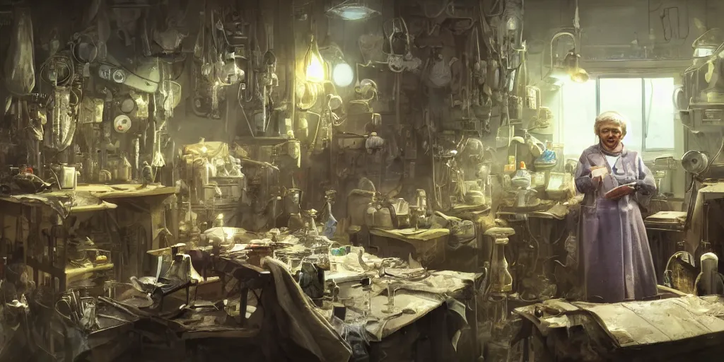 Image similar to an environmental concept art of an elderly russian woman cyberneticist in a cluttered workshop, surgical implements, surgery table, highly detailed, cinematic, dramatic, cyberpunk, dieselpunk, scifi space station, horror