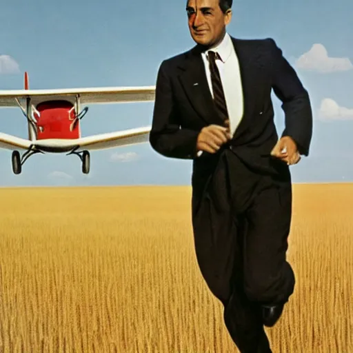 Prompt: cary grant running from a plane in a wheat field. in the background, the plane is a biplan with visible propellers and close to the ground. technicolor, 5 0 mm, hyperrealistic, extremely realistic face, highly detailed, highly intricate.