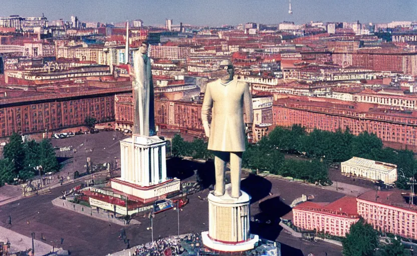 Image similar to high quality 2000s historic footage of soviet square with lenin statue with stanilist style high rise and pedestrians, color aerial photo drone, Cinestill 800t ektachrome, heavy grainy picture, very detailed, high quality, 4k panoramic