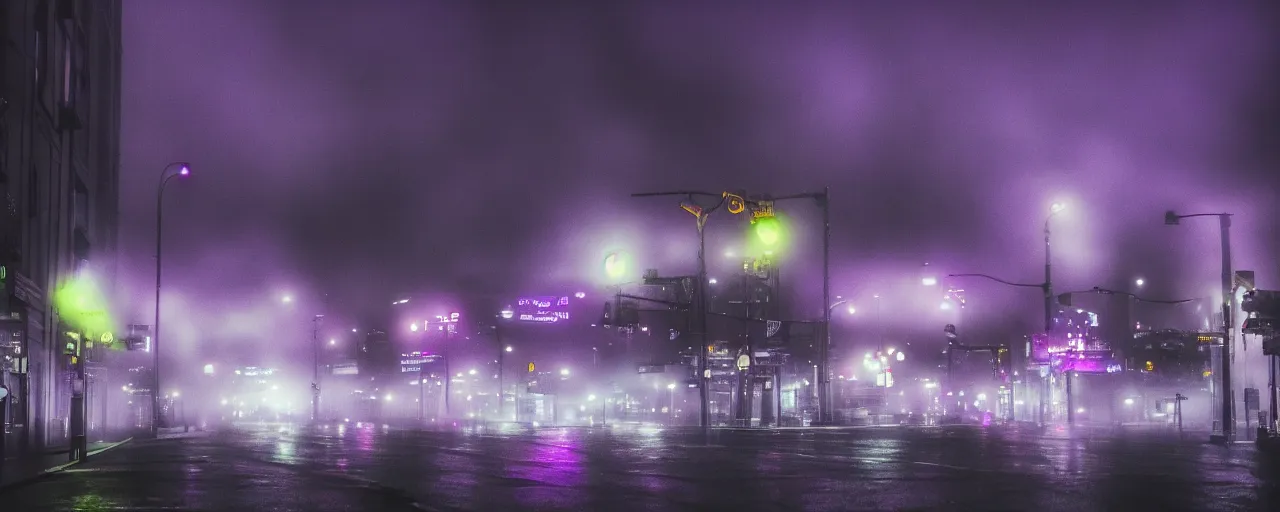 Prompt: a rainy Seattle, fog surrounding the streets, midnight, neon lights, cinematic lighting, cineovision, purple clouds surrounding the dark sky