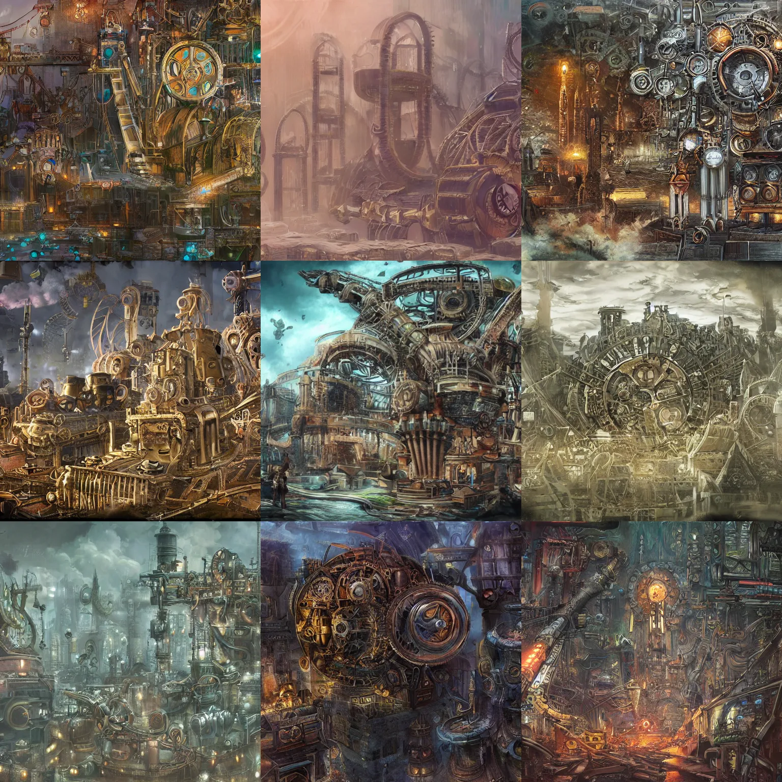 Image similar to enormous city-sized complicated steampunk machinery, psychedelic art, lovecraftian, epic, 4k, concept art, detailed