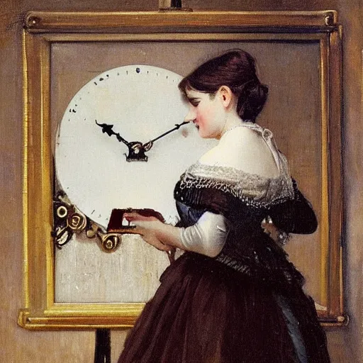 Image similar to young victorian lady curiously examining a mechanical clock, painted by alfred stevens