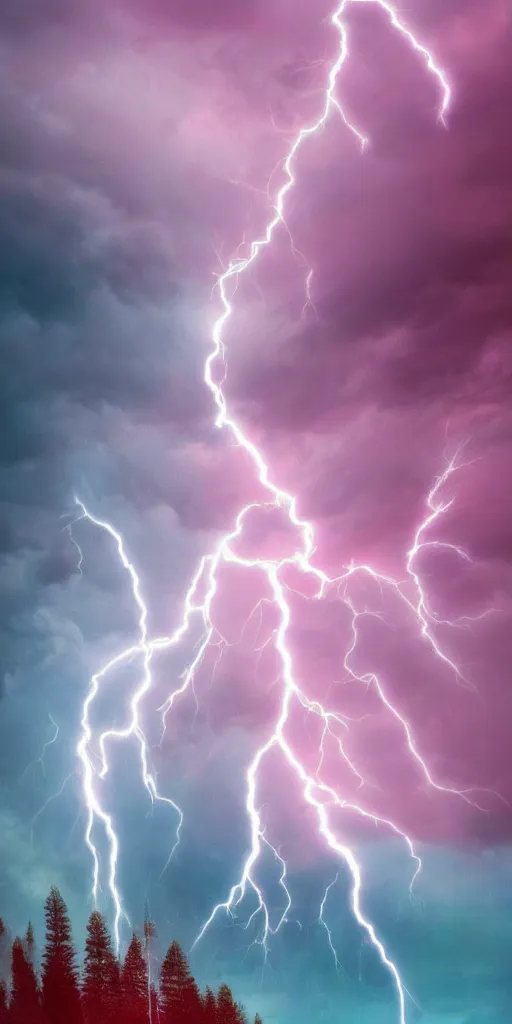 Prompt: high quality digital artwork of a colorful purple red magical white lightning storm on tall stony mountains