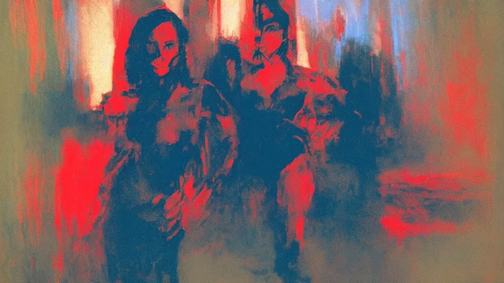 Image similar to portrait of rebekah delrio in mulholland drive, blue and red lights painted by craig mullins