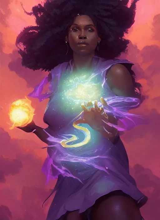 Prompt: beautiful black woman casting magical spells and using powers, digital illustration artstation, concept art, matte, sharp focus, illustration, dramatic exploding nebulae, hearthstone, art by artgerm and greg rutkowski and alphonse mucha