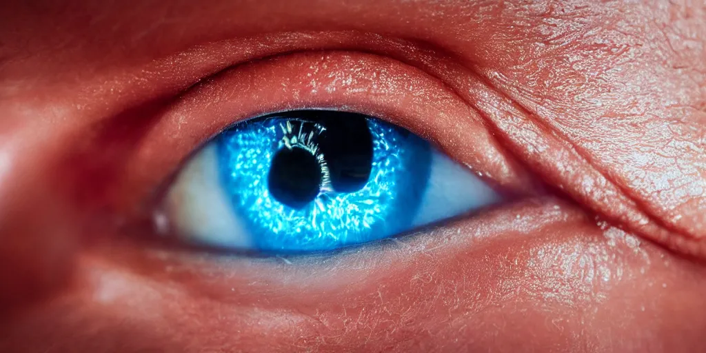 Image similar to an extreme close - up portrait of a neon glowing human eye, photographic filter, unreal engine 5, realistic, hyperdetailed, 8 k, cinematic, volumetric lighting, very realistic effect, hd, hdr, 4 k, sharp focus, octane render, ultra detailed, high resolution, trending on artstation in the style of albert dros glowing rich colors powerful imagery