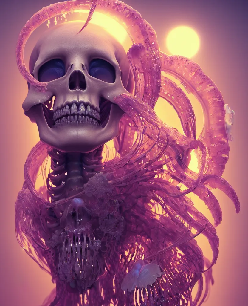 Image similar to goddess close - up portrait human skeleton, ram skull, jellyfish, orchid, betta fish, bioluminiscent, intricate artwork by tooth wu and wlop and beeple. octane render, trending on artstation, greg rutkowski very coherent symmetrical artwork. cinematic, hyper realism, high detail, octane render, 8 k