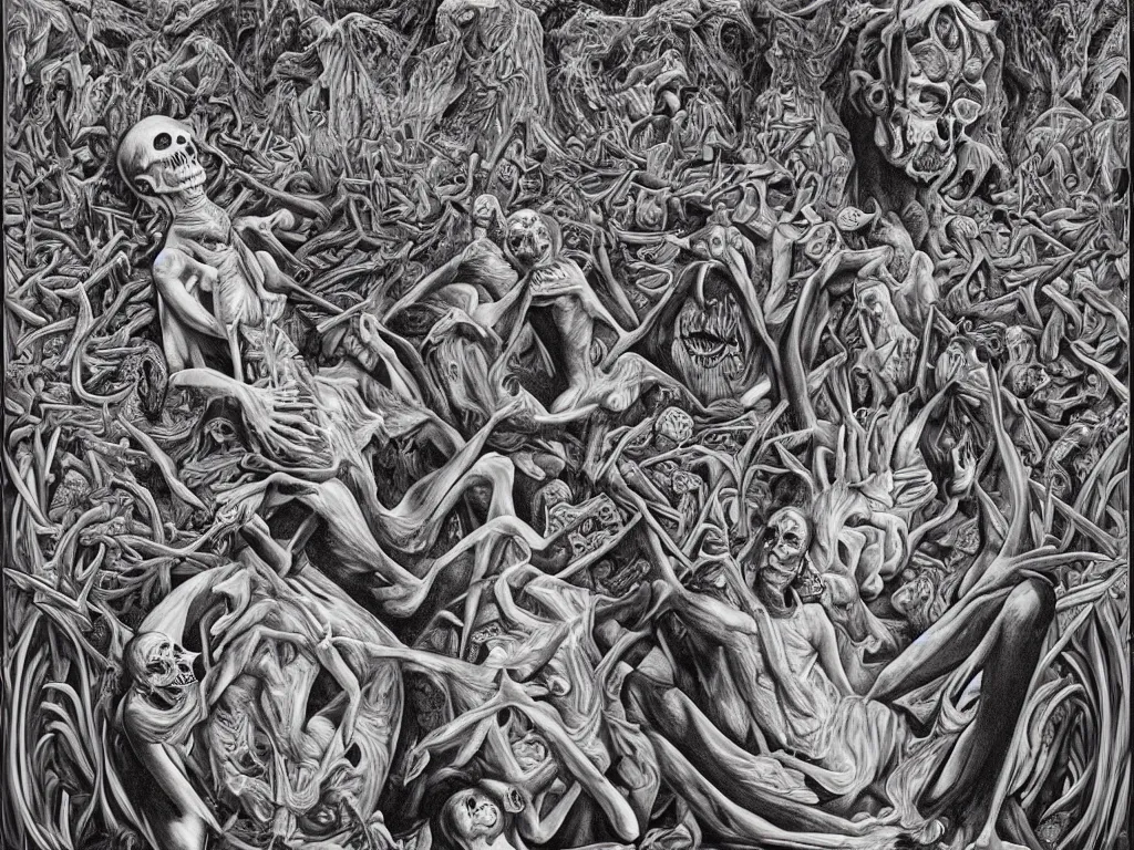 Image similar to meditation on death by Alex Grey and M. C. Escher collaboration