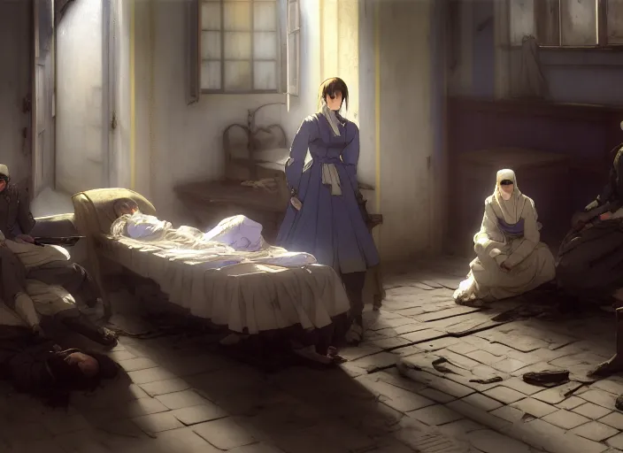 Image similar to 1 8 5 4 crimea, florence nightingale, army hospital in scutari, overcrowded, filthy, blocked drains, broken toilets, rats, wounded soldiers, sleep dirty floor, no blankets, finely detailed perfect art, gapmoe yandere grimdark, trending on pixiv fanbox, painted by greg rutkowski makoto shinkai takashi takeuchi studio ghibli