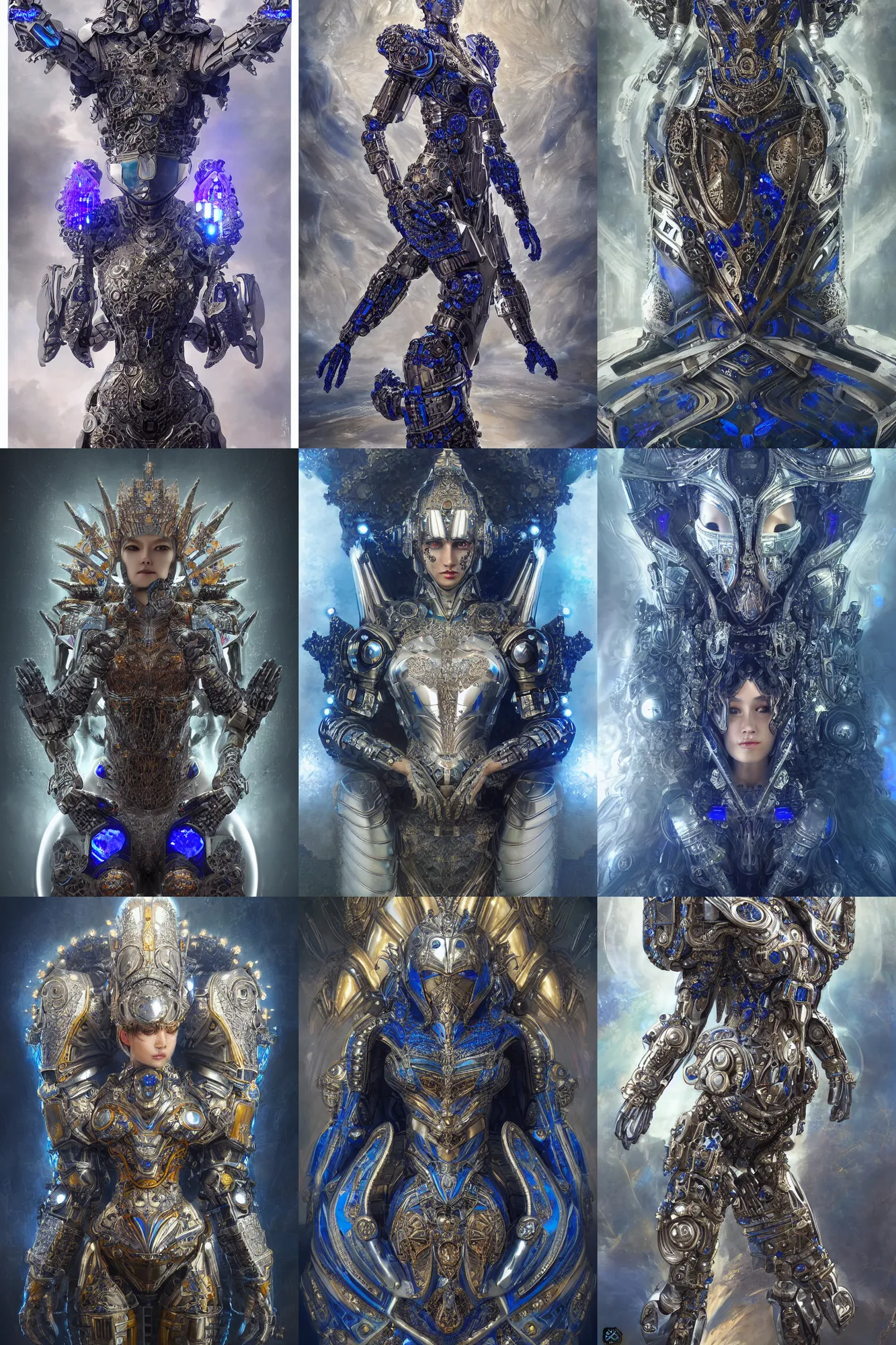 Prompt: portrait of a futuristic metallic armored cyborg queen, elegant intricate highly detailed mandelbrot fractal, beautiful lapis lazuli details, subsurface scattering, by arthem priakhin, zhao yun, giger, mucha