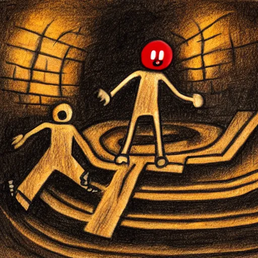 Image similar to drawing of a stickman falling down a staircase into hell