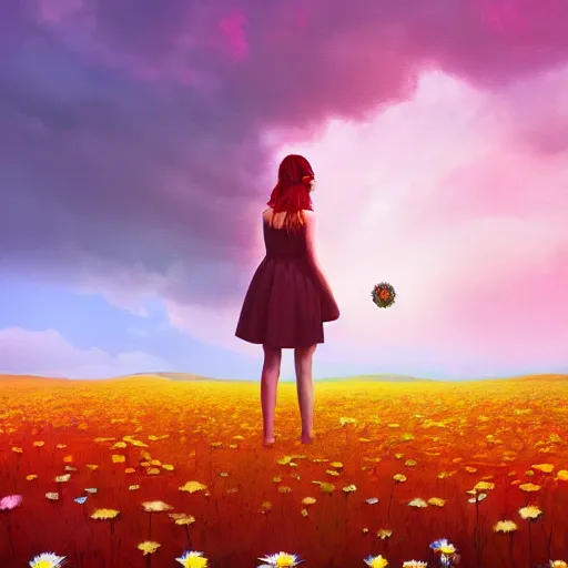 Image similar to giant daisy flower head, full body girl standing in a flower field, surreal photography, sunrise, dramatic light, impressionist painting, colorful clouds, digital painting, artstation, simon stalenhag