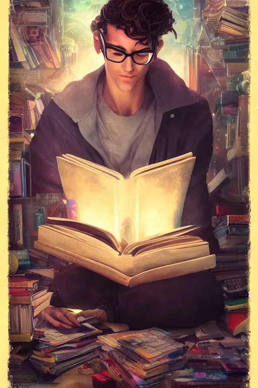 Prompt: magic nerdy guy reading a book in a cluttered messy bedroom, artgerm, tom bagshaw, gerald brom, vaporwave, vaporwave colors, perfect face, detailed face, symmetrical face,