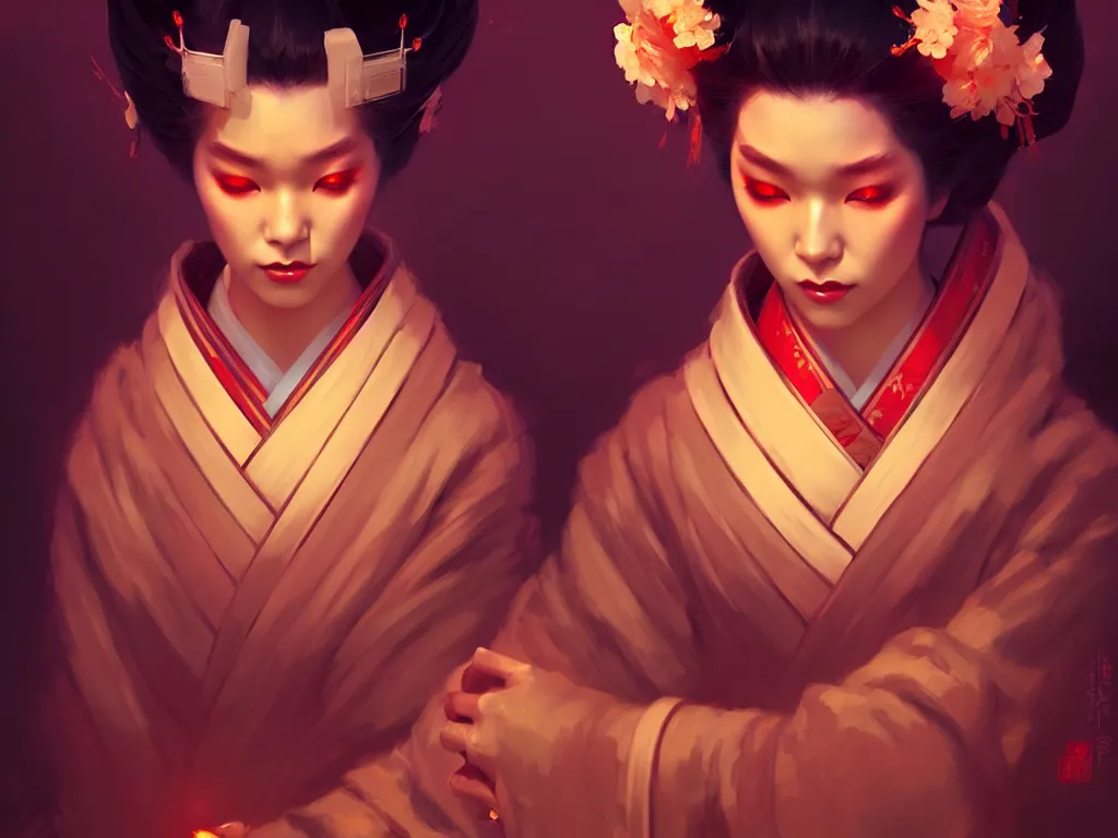 Image similar to pretty geisha, d & d digital painting, ultra realistic, beautiful, volumetric lighting, warm colors advance, cell shading, by james jean, greg rutkowski, wlop