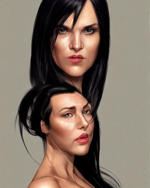 Image similar to portrait of a tall 4 0 - year - old woman, very!!! thin!!! lips, long, lush unkempt black hair, and thick eyebrows, wearing in black clothes, hyper realistic face, beautiful eyes, character art, art by mark brooks, hyperdetailed, cryengine, trending on artstation, digital art