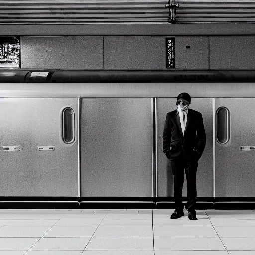 Image similar to a man in a suit waiting at a train station suspended in outer space, award-winning photograph