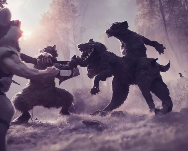 Prompt: gerald of rivia fighting with fursuit cosplayers, cinematic, concept art, wlop, beeple, highly detailed, face, hands, unreal engine, octane render