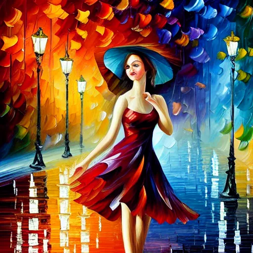 Prompt: highly detailed painting of a beautiful young woman, dancing in the rain, intricate, high quality oil painting artstyle, in the style of leonid afremov and anna dittmann, deviantart, figurative art, deviantart, ilya kuvshinov, lovecraftian, very detailed face, portrait