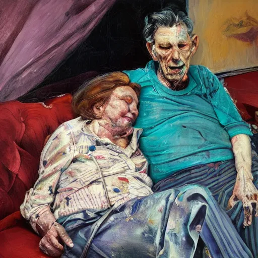 Prompt: high quality high detail painting of a old dead couple on a couch in a soviet apartment by lucian freud and jenny saville and francis bacon and malcom liepke and nicola samori, hd, anxiety, turquoise and purple and orange and pink, dark atmosphere