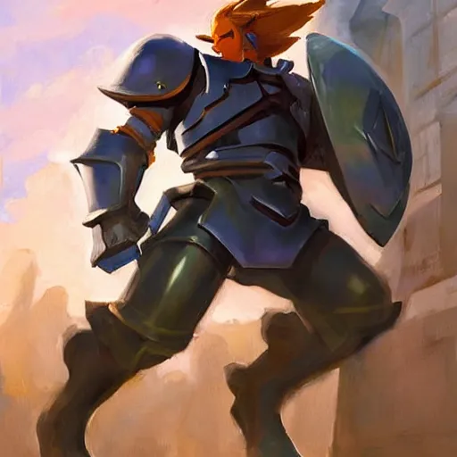 Image similar to greg manchess portrait painting of armored link from legend of zelda as overwatch character, medium shot, asymmetrical, profile picture, organic painting, sunny day, matte painting, bold shapes, hard edges, street art, trending on artstation, by huang guangjian and gil elvgren and sachin teng