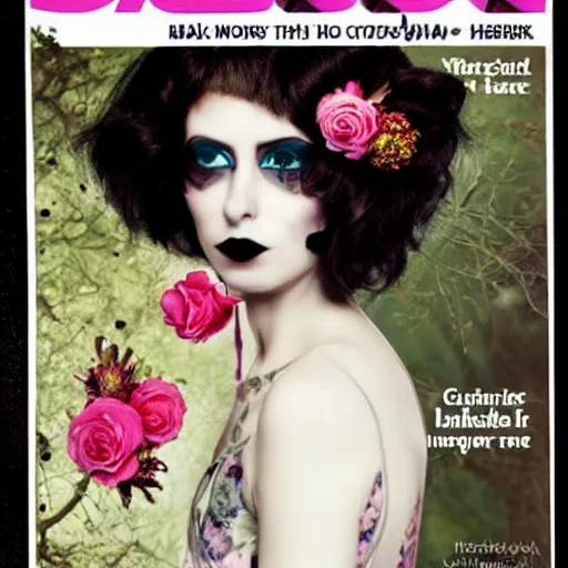 Prompt: Pale woman in a gothic dress, magazine cover, flowers in hair