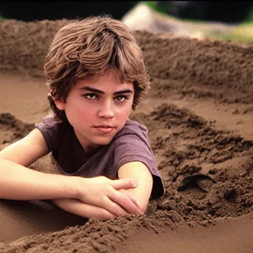 Prompt: still of young Anakin Skywalker playing in a sandbox