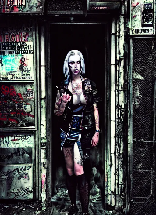 Prompt: portrait photo, 3 5 mm lomography, female doorwoman, gang clothing fashion, id magazine, by david cronenberg, hyperrealism, detailed textures, photorealistic, cyberpunk apocalyptic city, ultra realistic, cinematic, intricate, cinematic light, 8 k, david la chapelle, david kostic, artgerm