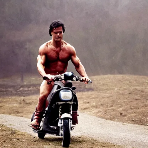 Prompt: rambo from first blood riding a kick scooter