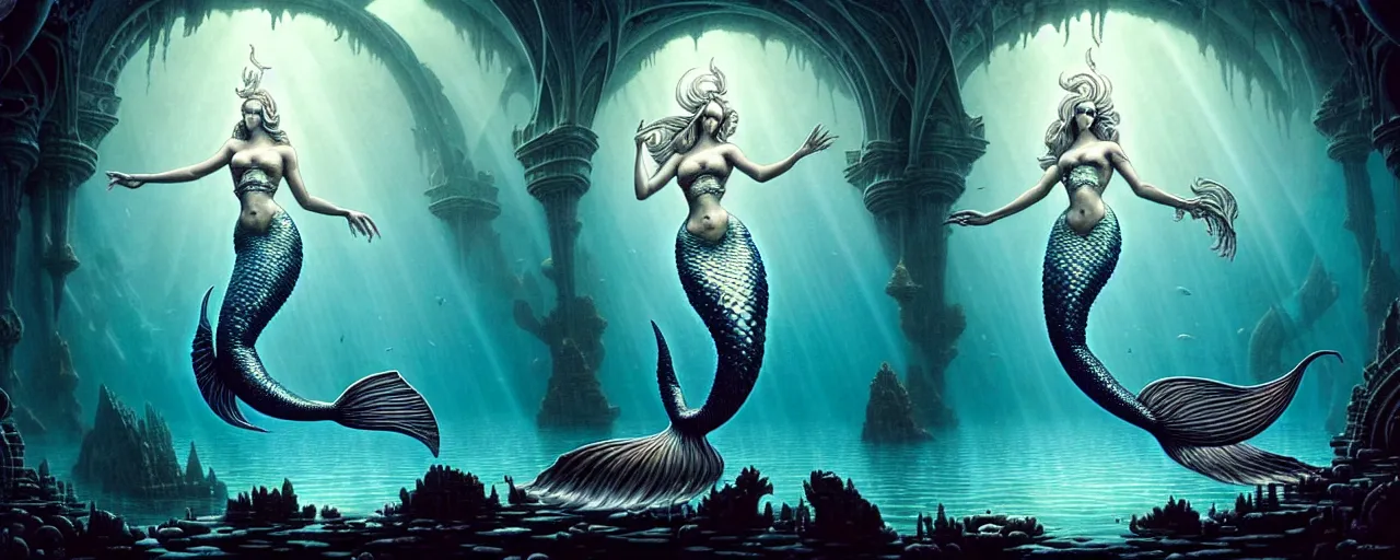 Image similar to a graceful beautiful mermaid looking at the sunken city of Atlantis deep under water, stunning undersea intricate detailed grand architecture in the style of Joe Fenton, art style by Greg Rutkowski and Mohrbacher and Gerald Brom and H. R. Giger, deep underwater scene, dark and moody, rays of sunlight, faint volumetric god rays, grim crushing atmosphere, trending on artstation, masterpiece, claustrophobic, dizzy, sharp focus, 8k octane beautifully detailed render, post-processing, extremely hyperdetailed, intricate, epic composition, grim yet sparkling atmosphere, cinematic lighting + masterpiece, trending on artstation, very detailed, Art Nouveau