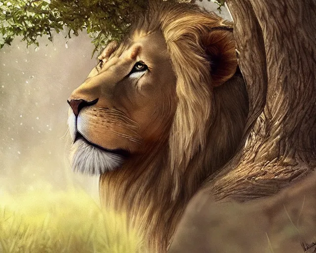 Prompt: a majestic lion under a tree in the morning by Aaron Blaise, trending on artstation