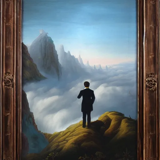 Image similar to painting of a wanderer wearing a suit above the sea of fog standing atop the mountain