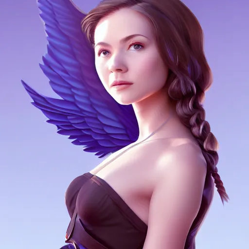 Image similar to 3 / 4 view of a portrait of a cute woman with wings with wings, confident pose, digital art,, concept art, smooth, sharp focus, illustration, trending on artstation, highly detailed, concept art, trevor carlton, mickey demeo, trending on artstation, imax 7 0 mm, h 6 4 0