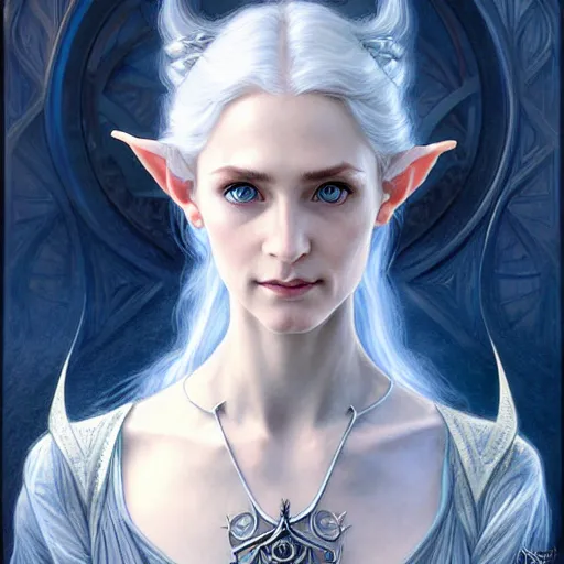Prompt: Portrait of elvish female wizard, D&D, blue eyes, face, short silver hair, fantasy, intricate, elegant, highly detailed, digital painting, artstation, concept art, smooth, sharp focus, illustration, art by artgerm and greg rutkowski and alphonse mucha