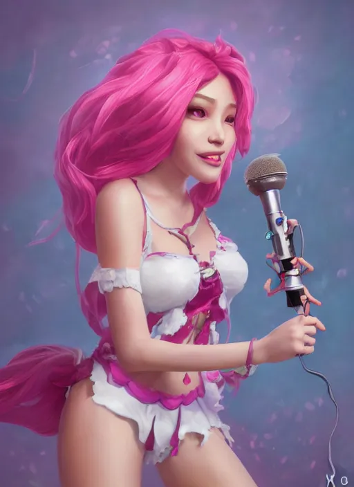 Image similar to joyful seraphine, from league of legends, pink hair, studio microphone, new musical instruments, au naturel, hyper detailed, digital art, trending in artstation, cinematic lighting, studio quality, smooth render, unreal engine 5 rendered, octane rendered, art style by klimt and nixeu and ian sprigger and wlop and krenz cushart